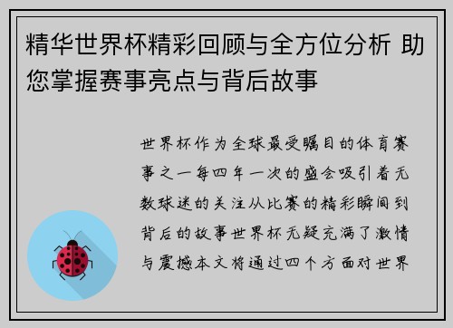 精华世界杯精彩回顾与全方位分析 助您掌握赛事亮点与背后故事